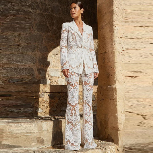 Heavy Embroidery Sequined Blazer Trousers Two Piece Set